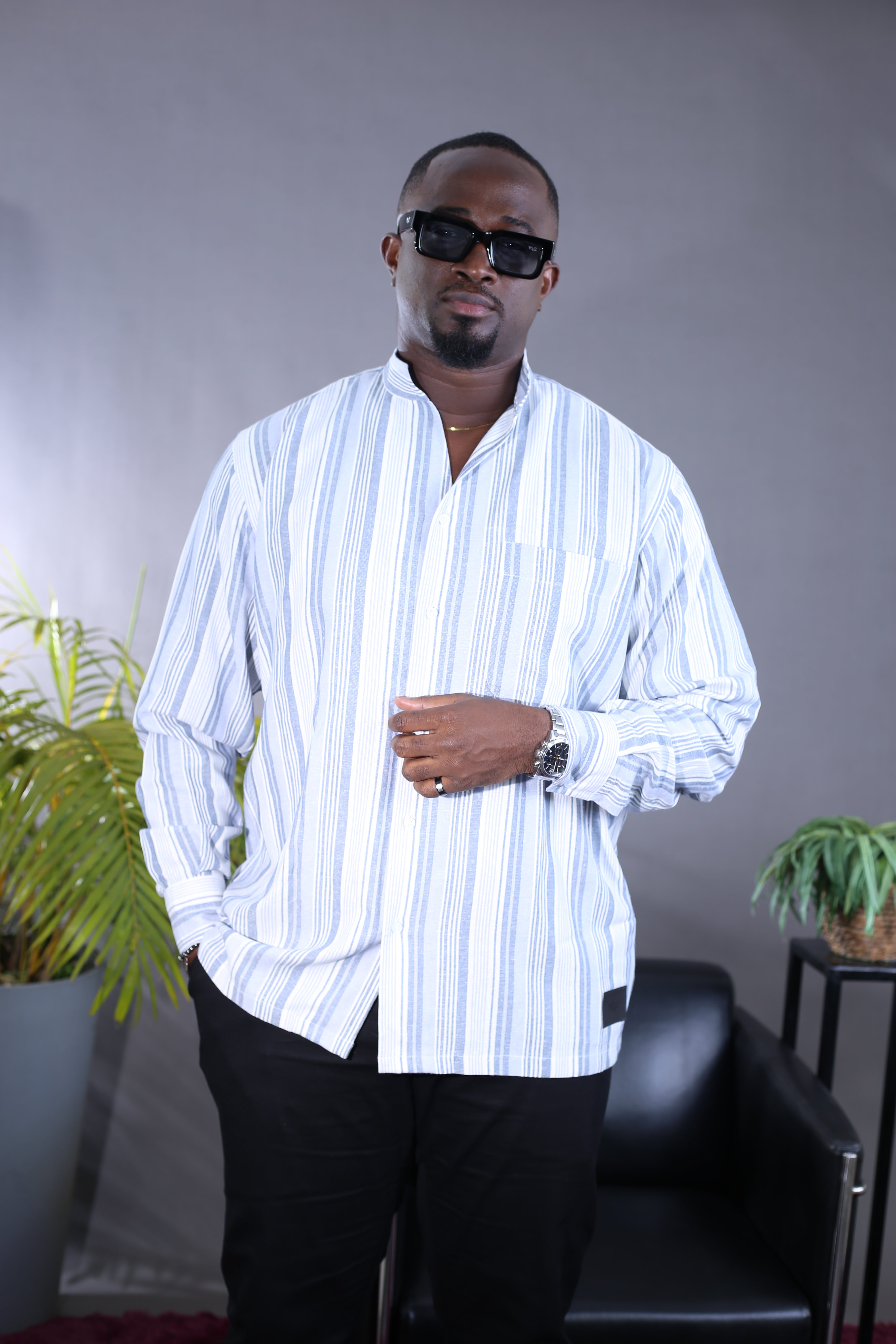Chemise Kintu Lin rayée bleu gris