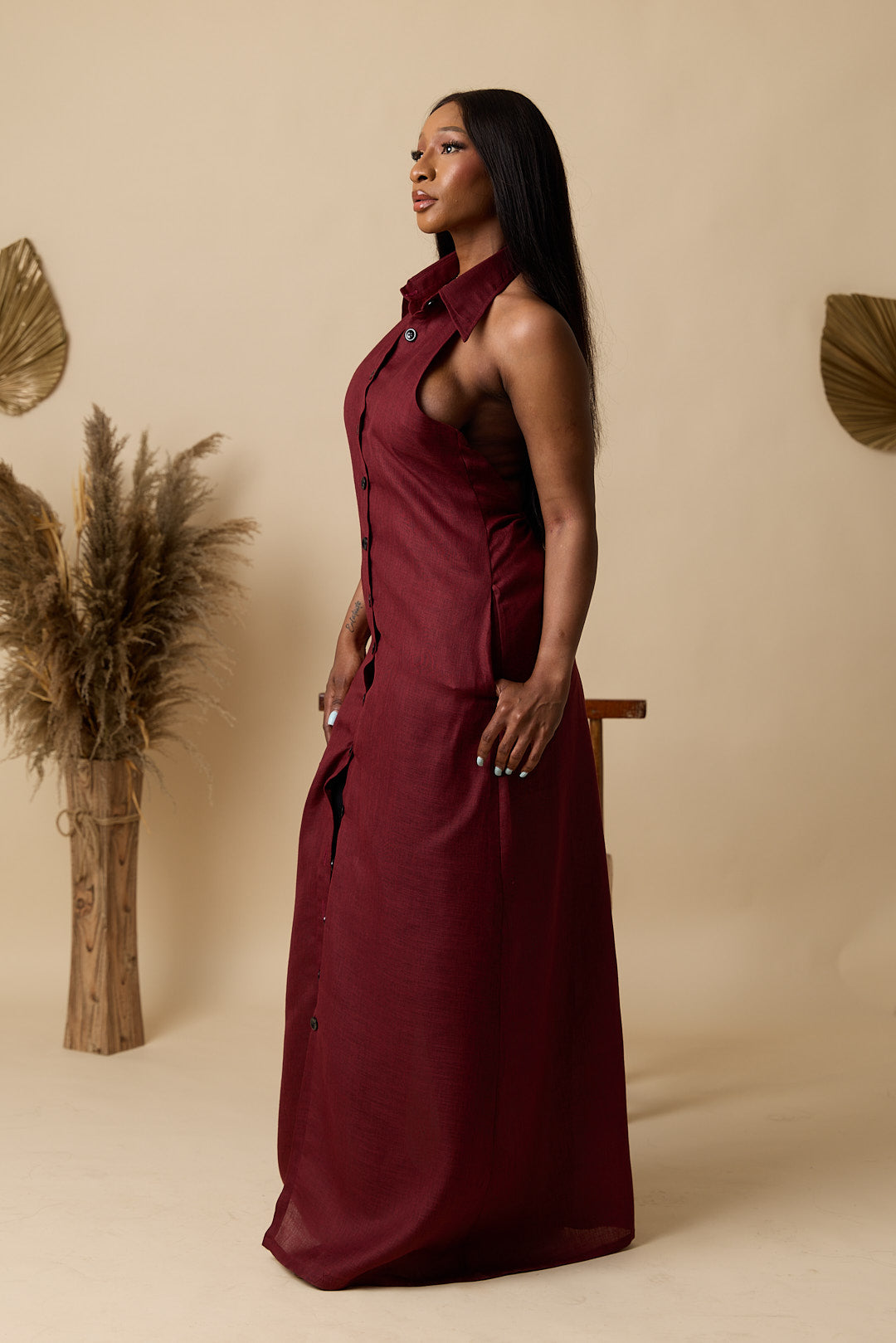 Robe Chemise SELY_Lin Rouge bordeaux