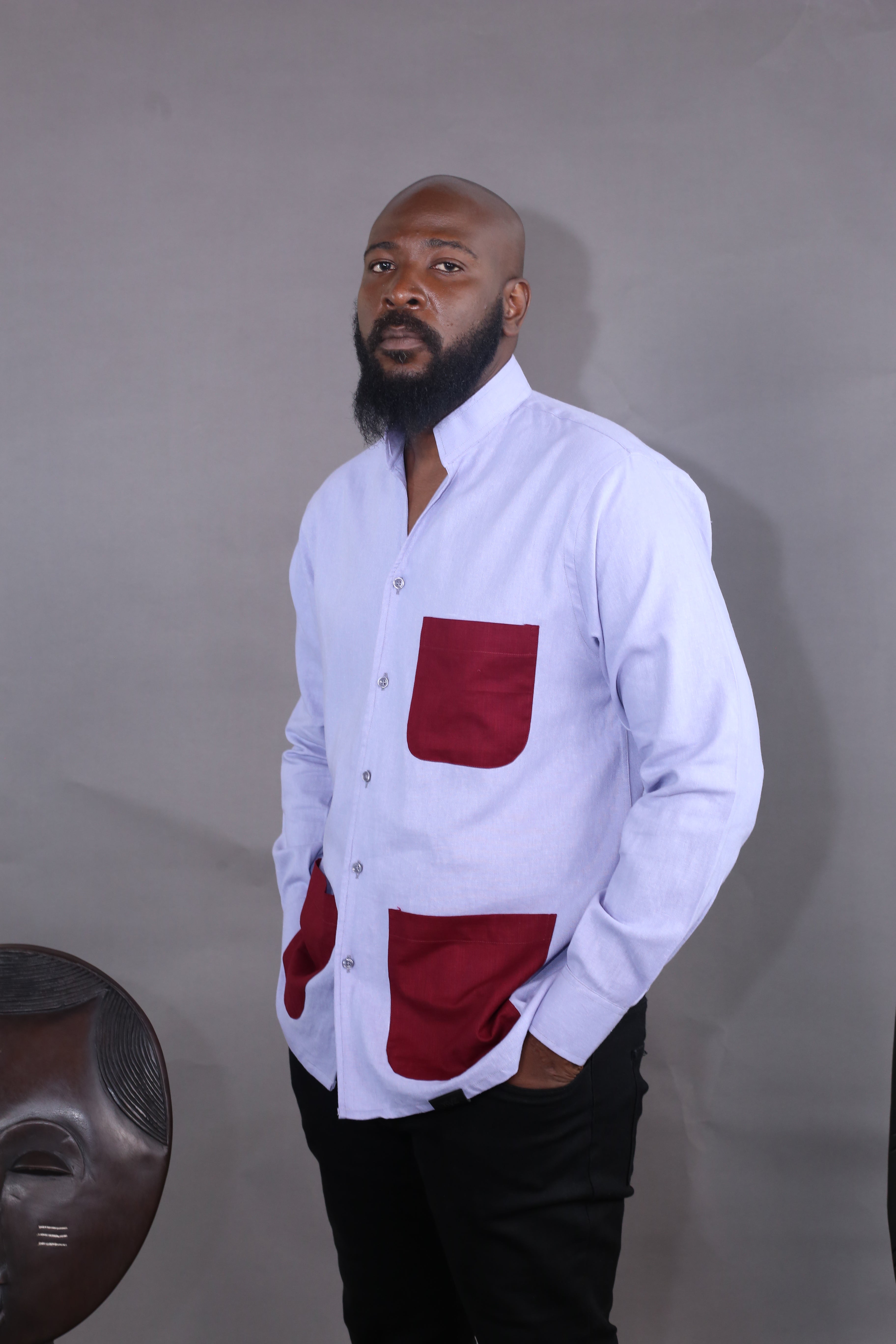 Chemise Kintu II - Lin Bleu ciel & Rouge bordeaux