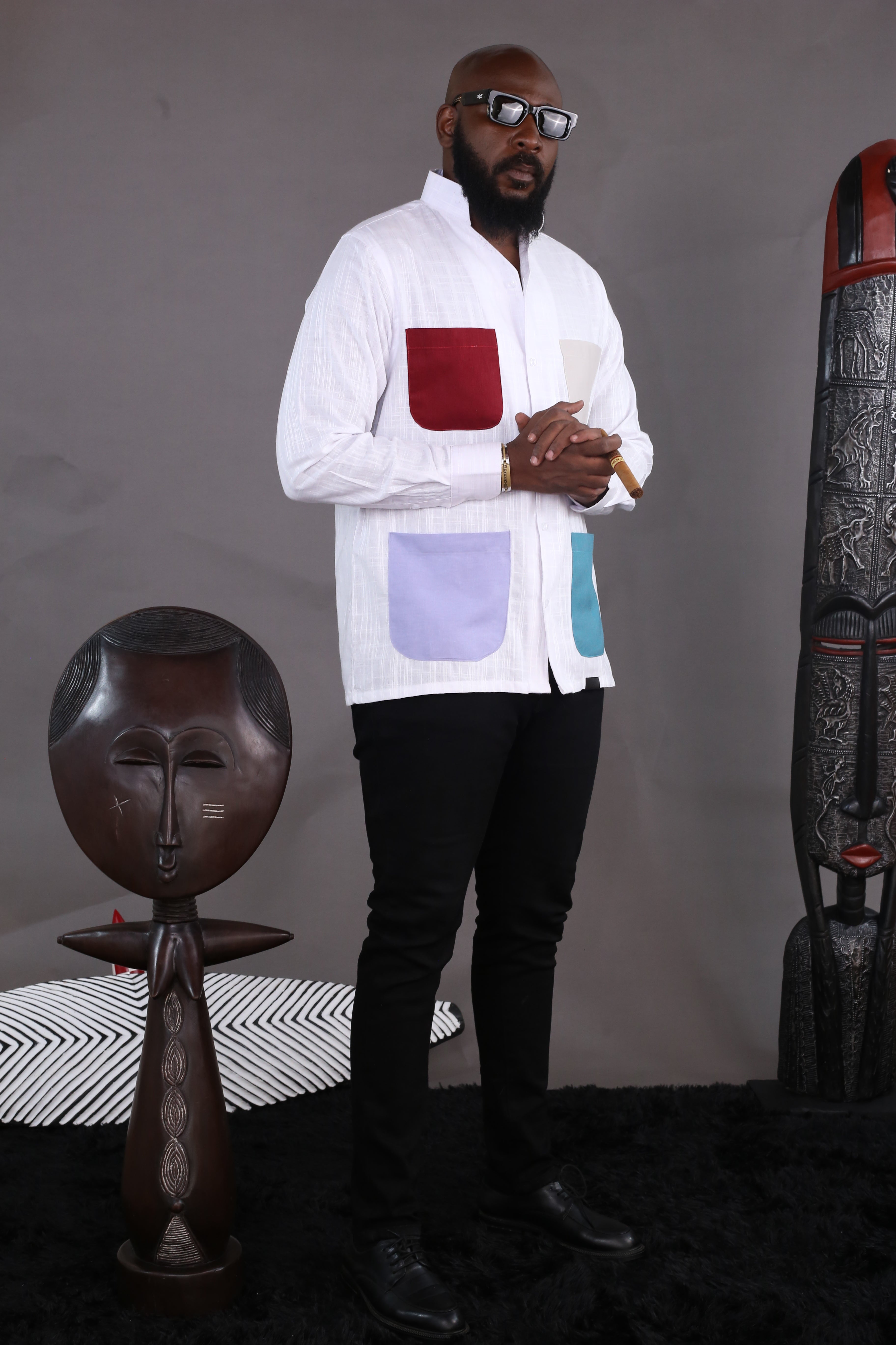 Chemise Kintu II - Lin Bleu ciel & Multicolore