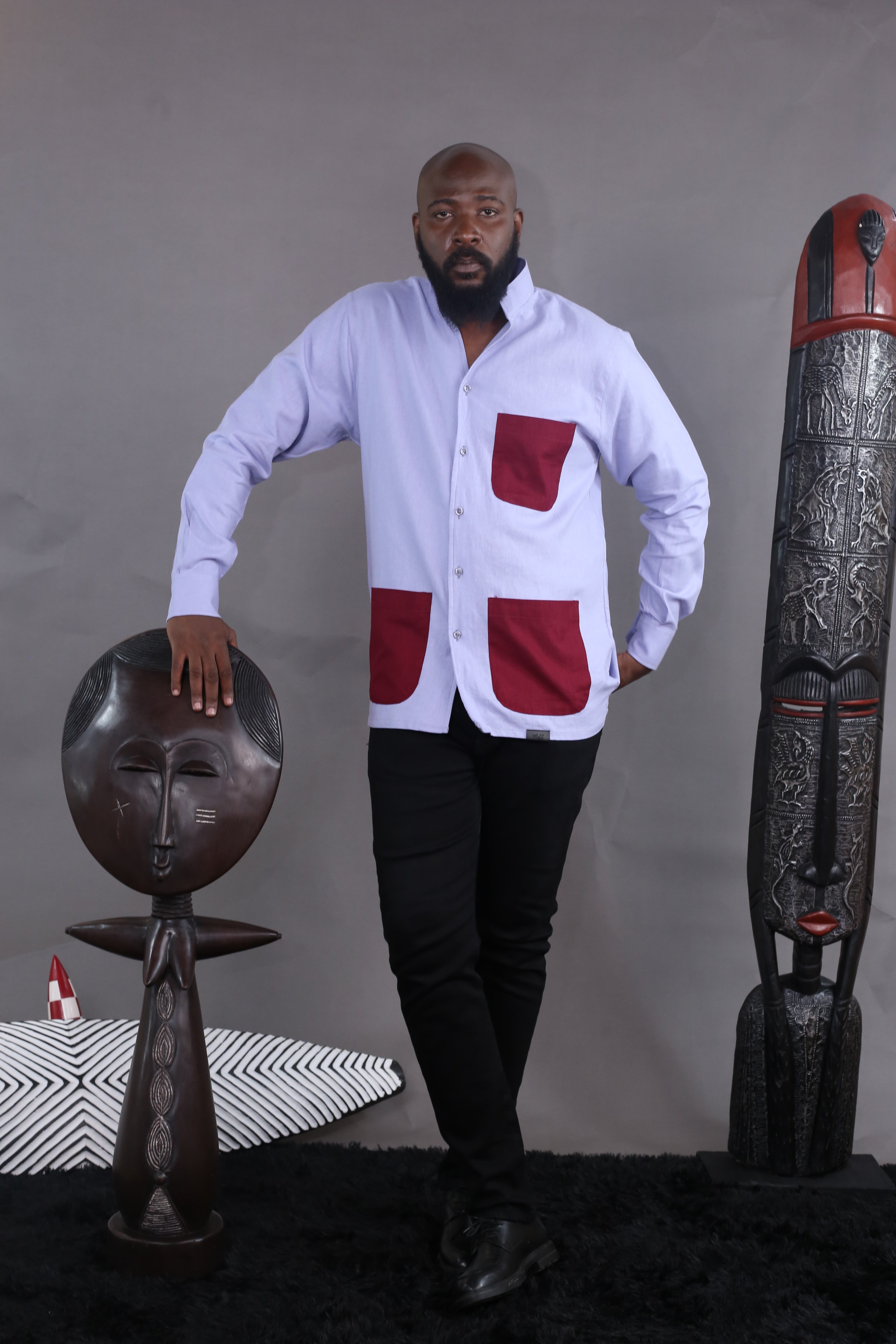 Kintu II Shirt - Sky Blue & Burgundy Linen