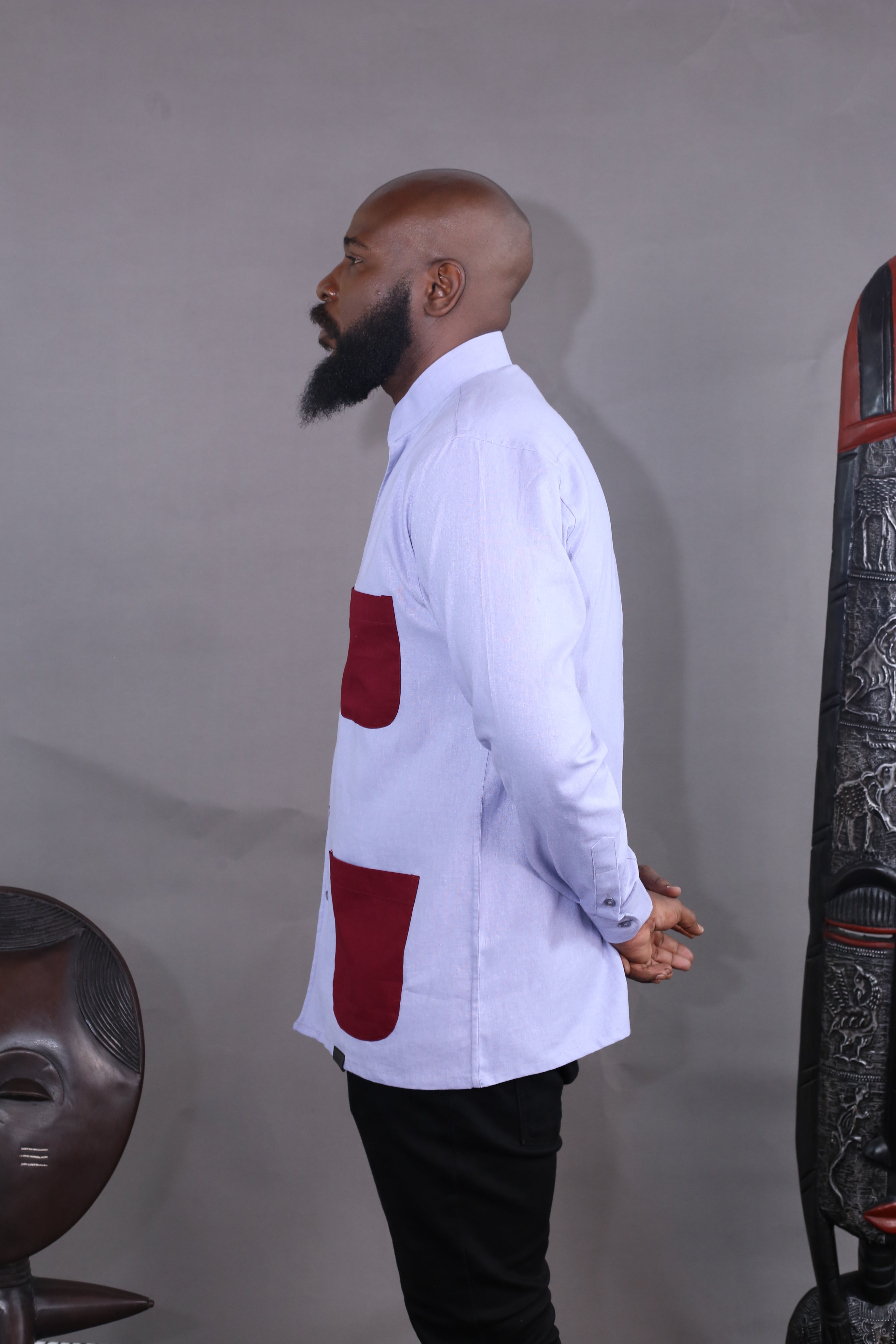 Kintu II Shirt - Sky Blue & Burgundy Linen