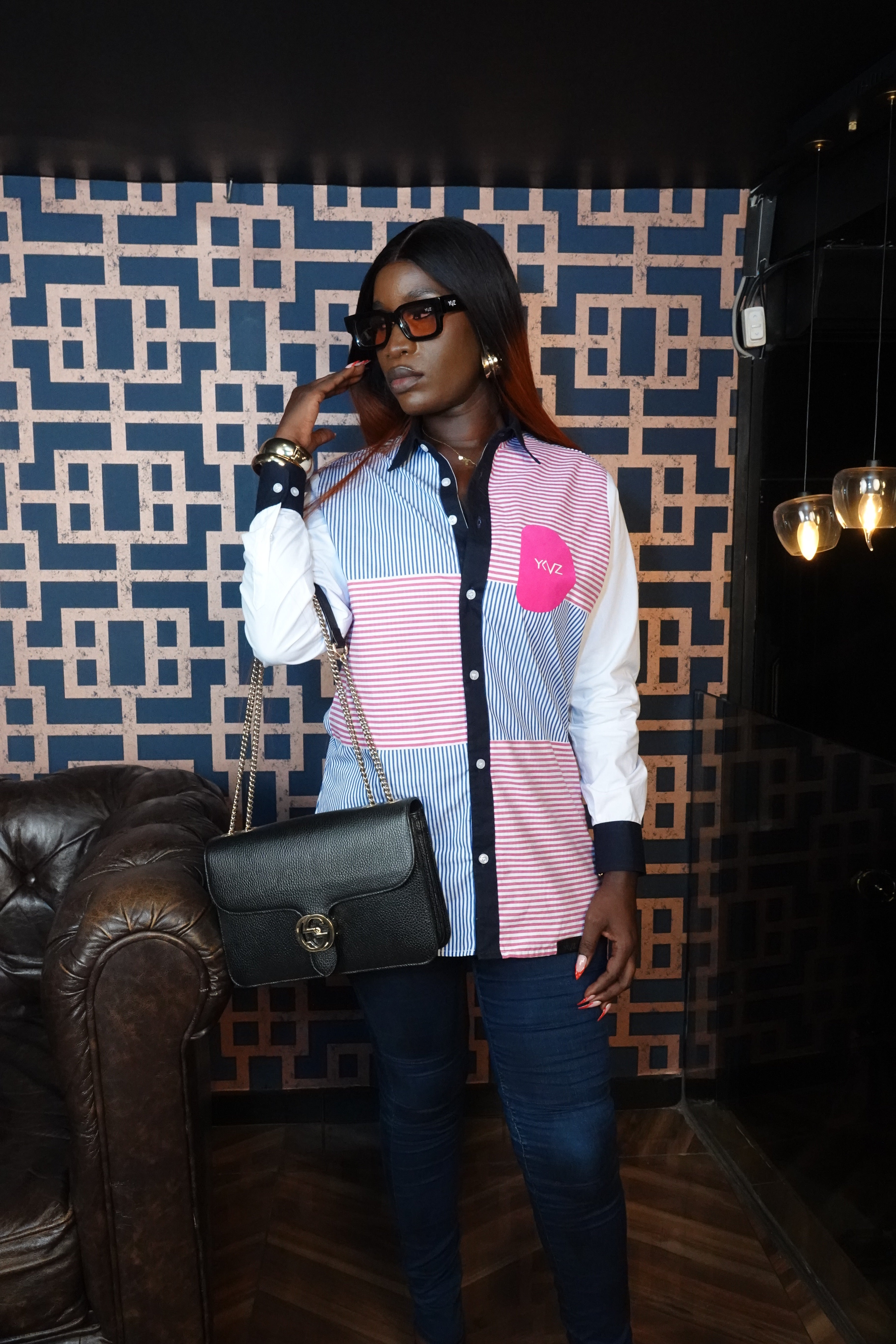 Chemisier MILA I – Multirayures Bleu & Rose | Signature D Fuchsia