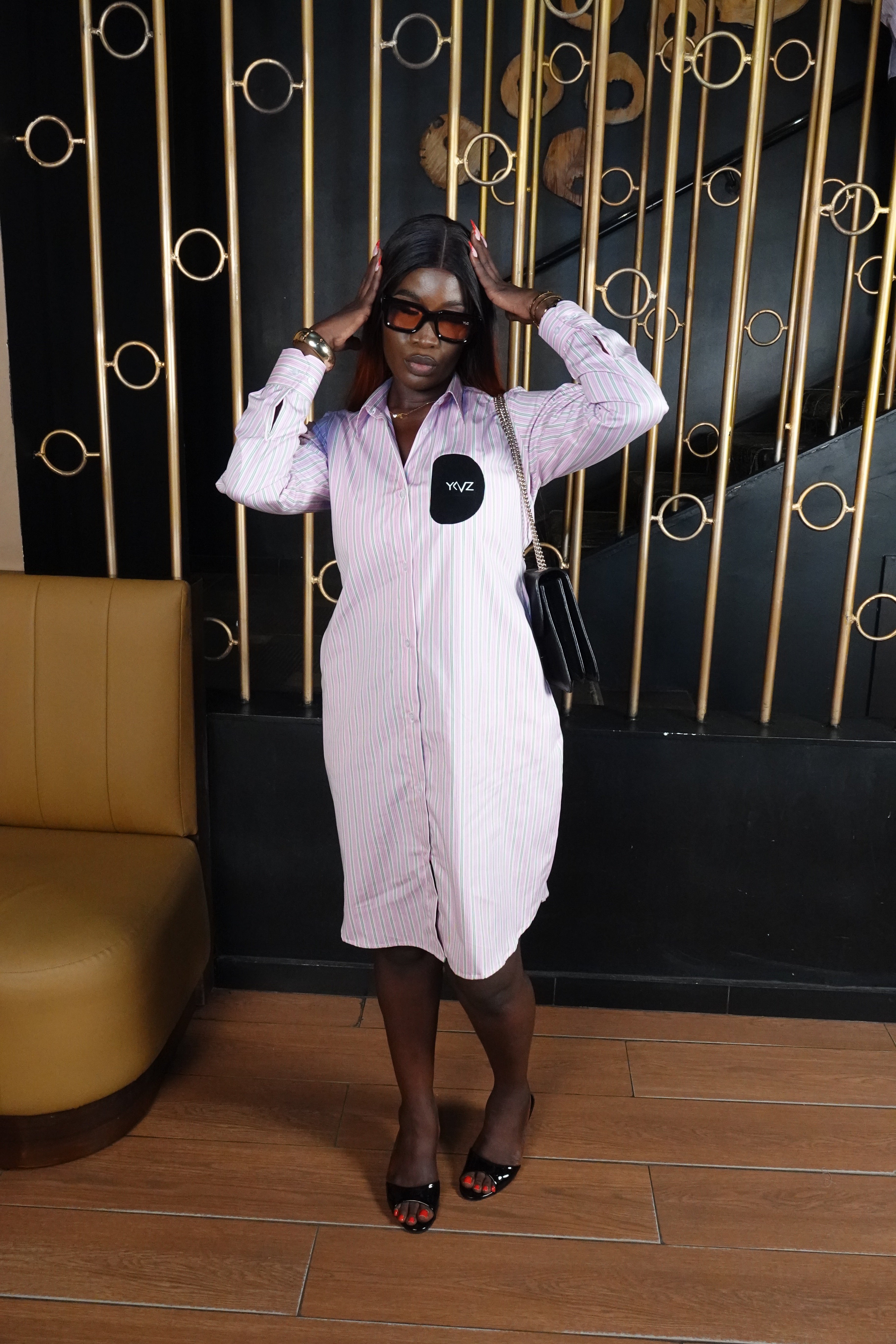 Robe Chemise CLARA I – Rayures Rose / Vert | Signature D Noire