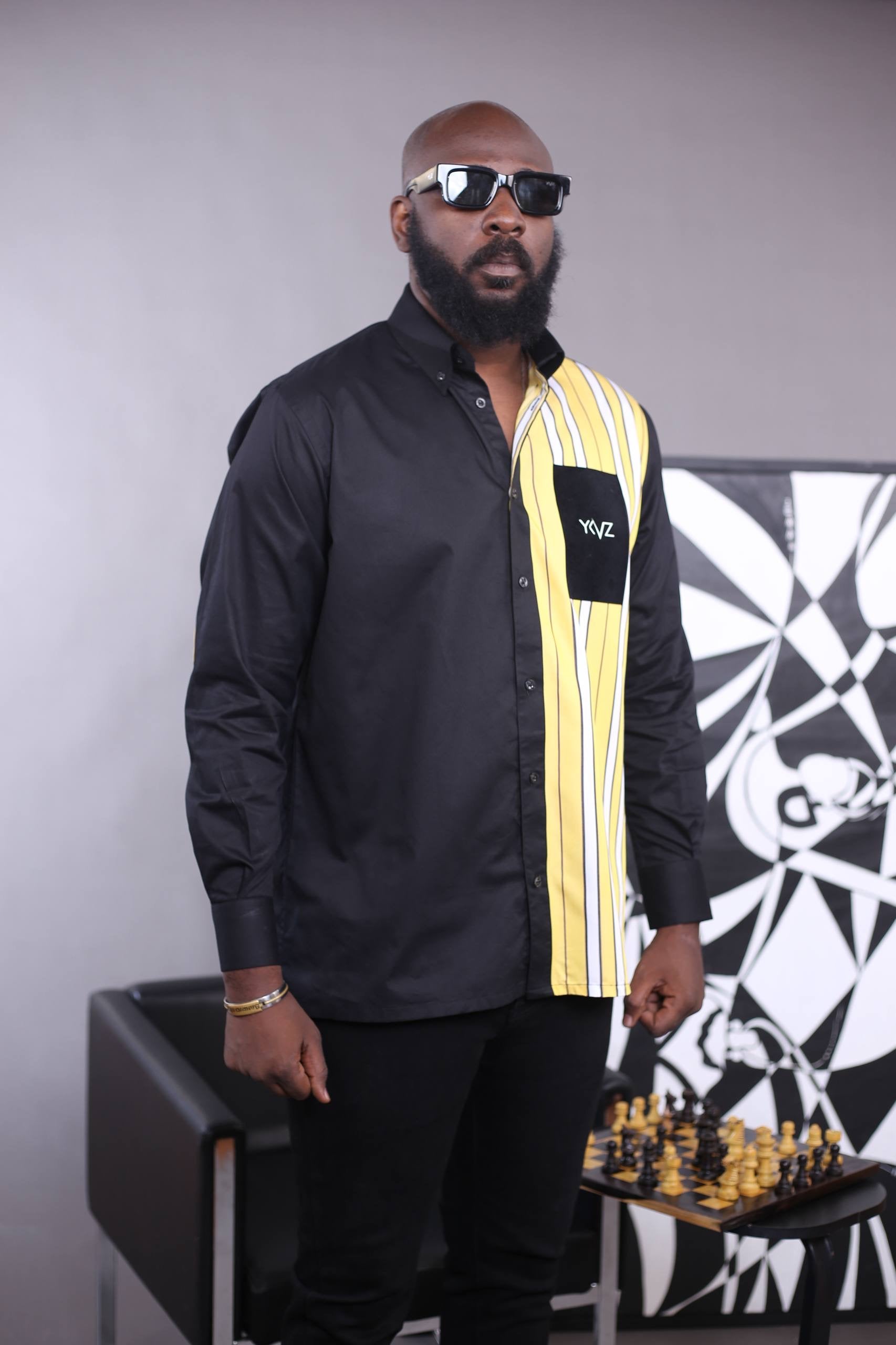 Chemise OSLO III – Bicolore Noire & Rayures Jaune/Blanc | Signature Classique Noire