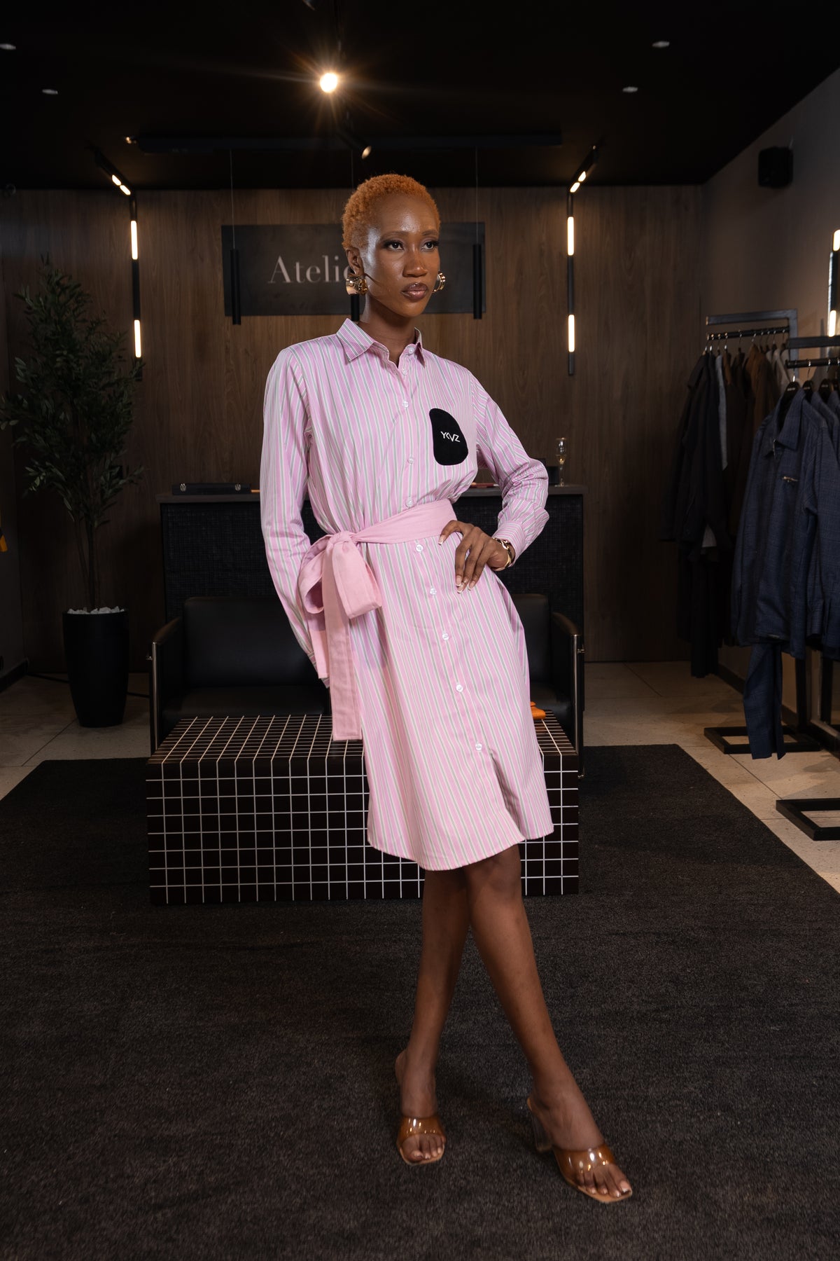 Robe Chemise CLARA I – Rayures Rose / Vert | Signature D Noire