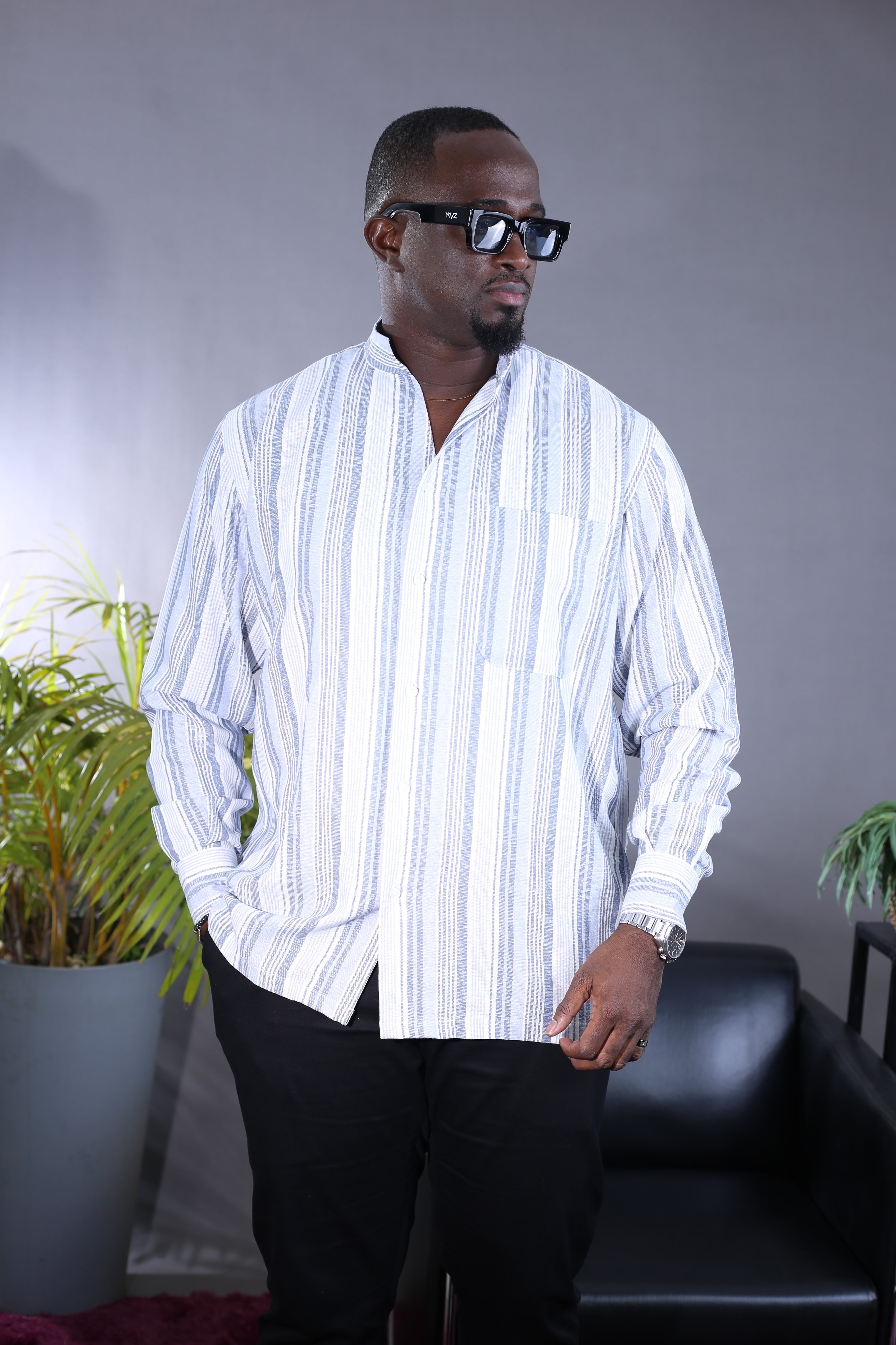 Chemise Kintu Lin rayée bleu gris