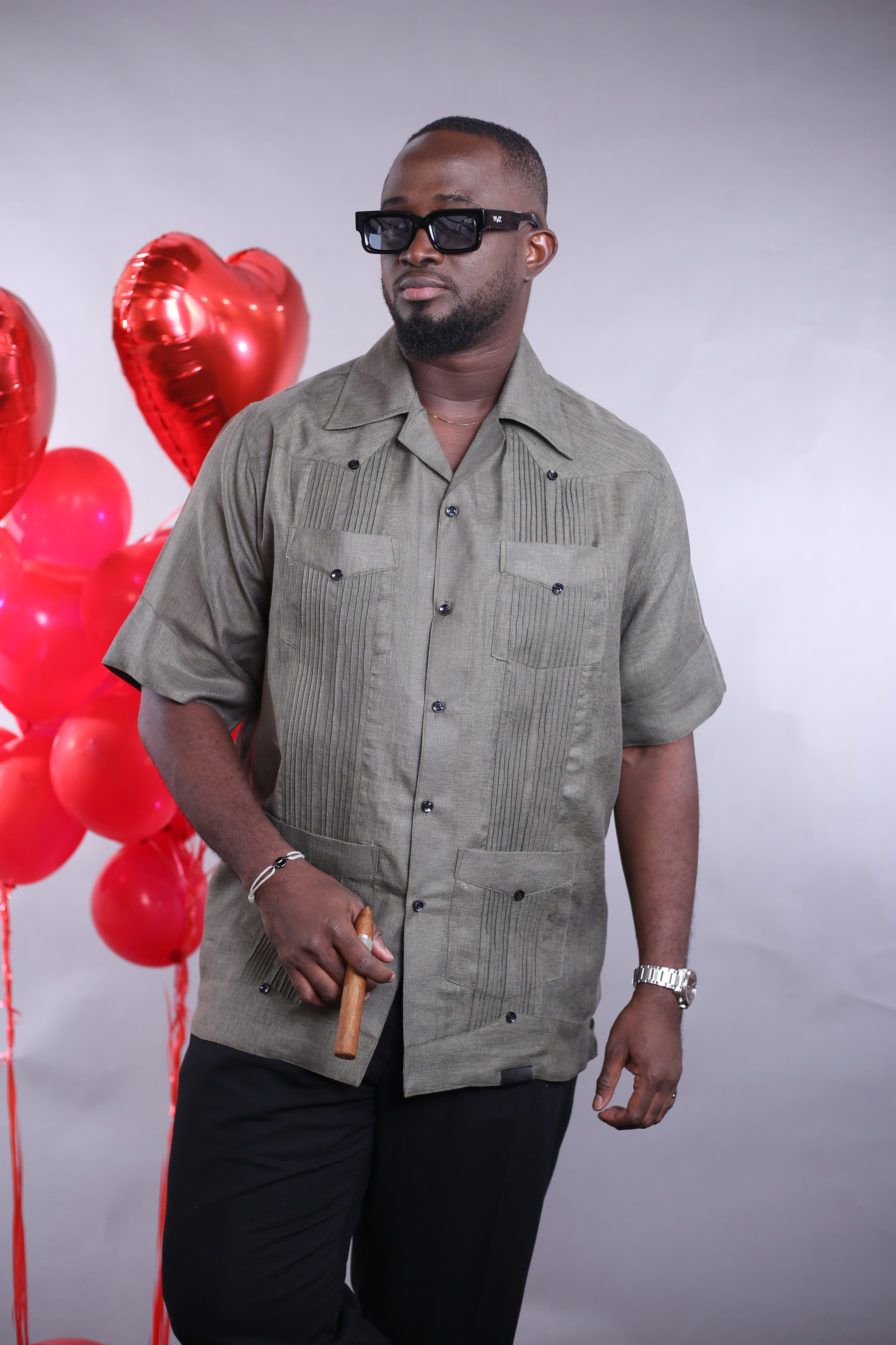 Chemise Cubano MC ll lin vert treillis