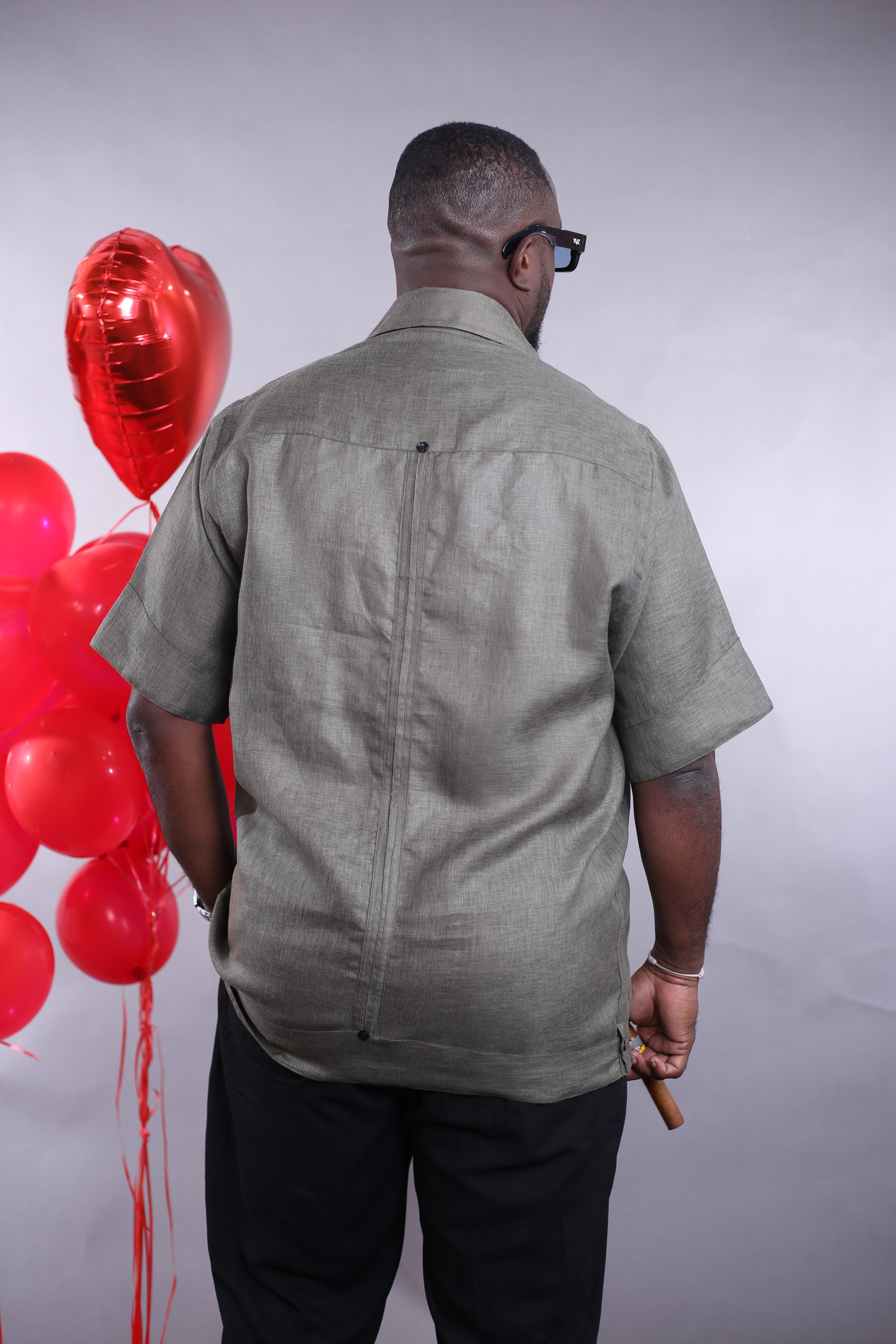 Chemise Cubano MC ll lin vert treillis