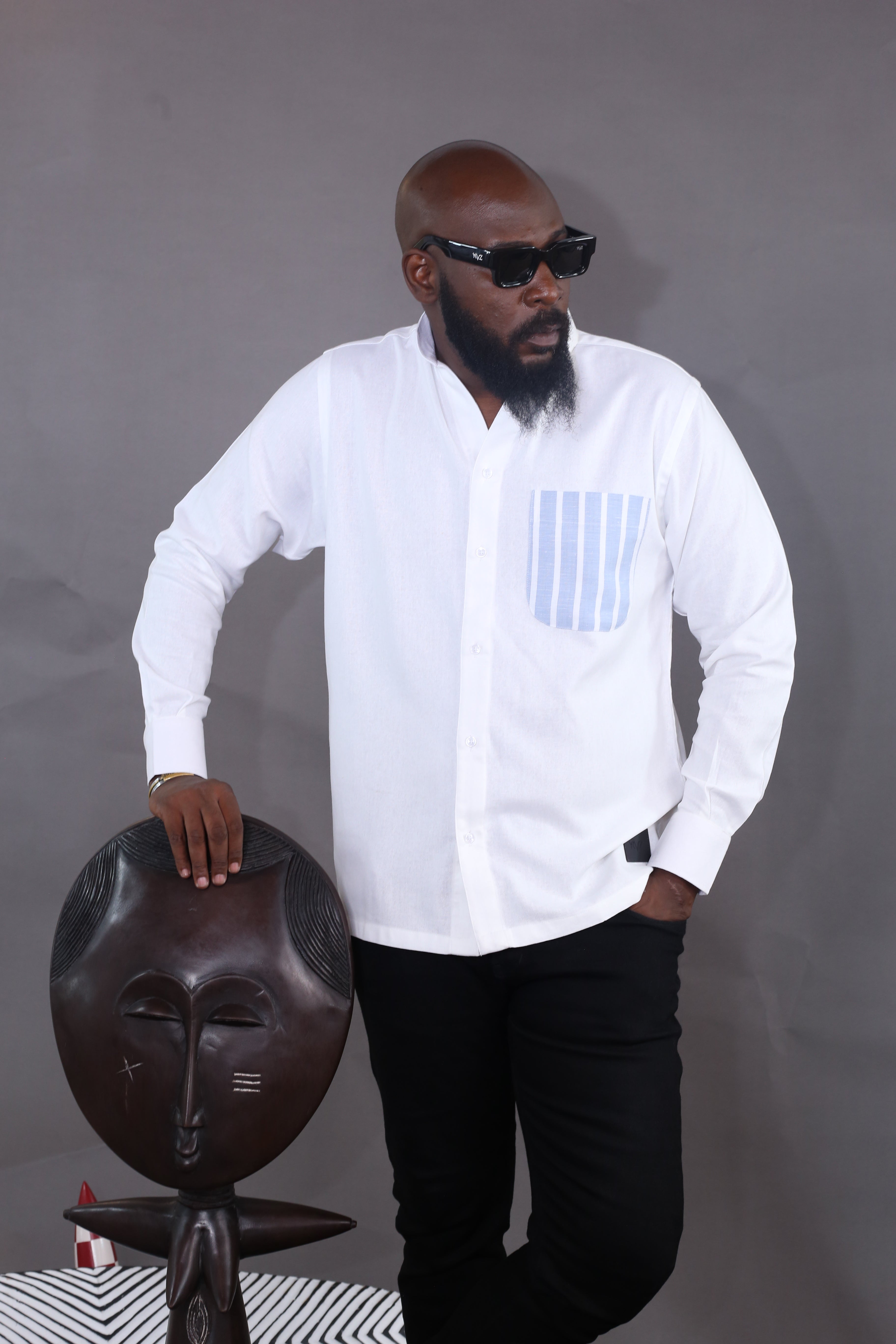 Chemise Kintu - Lin Blanc poche rayée bleu/blanc