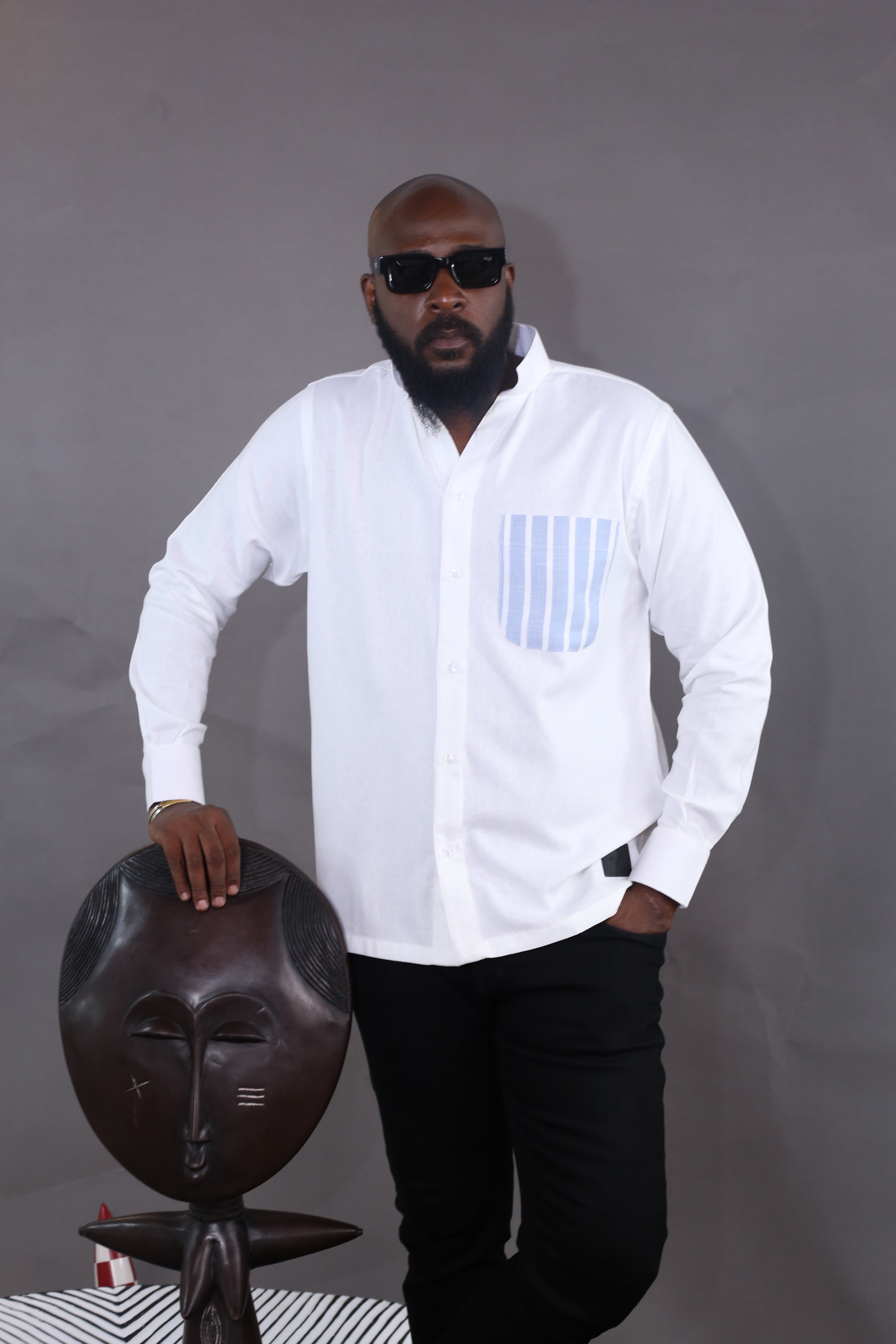Chemise Kintu - Lin Blanc poche rayée bleu/blanc