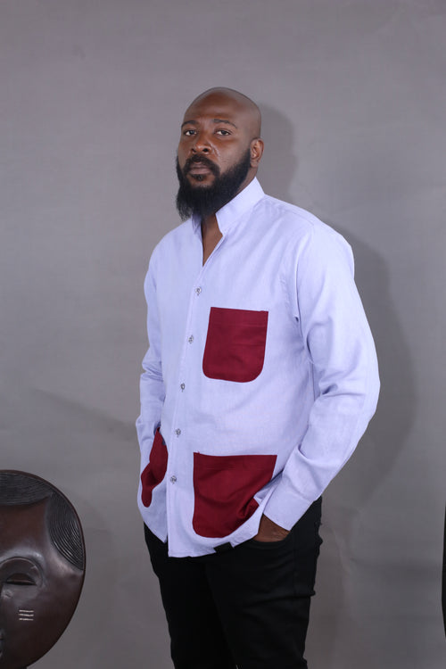 Camisola Kintu II - Linho Azul Celeste e Bordô