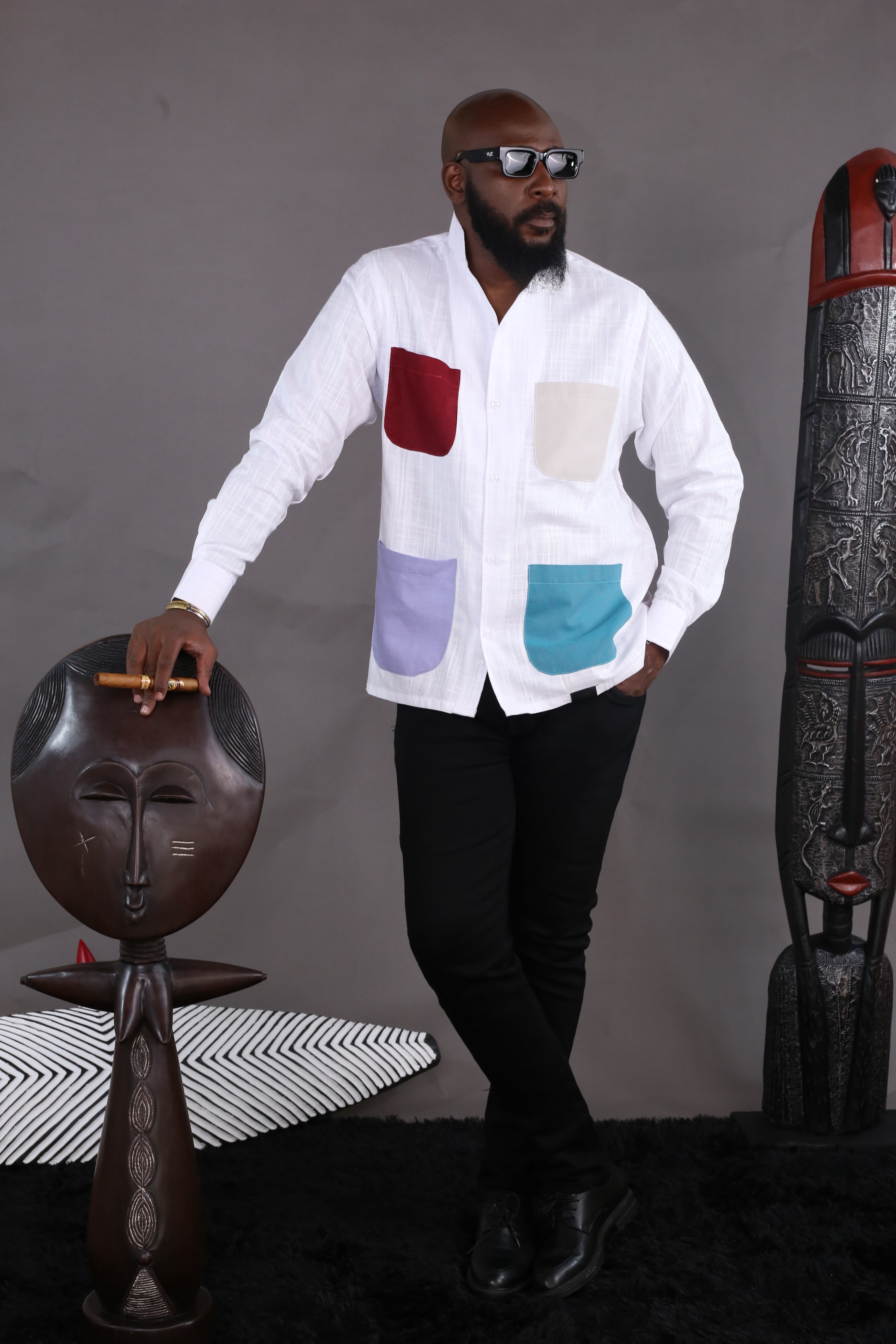 Chemise Kintu II - Lin Bleu ciel & Multicolore