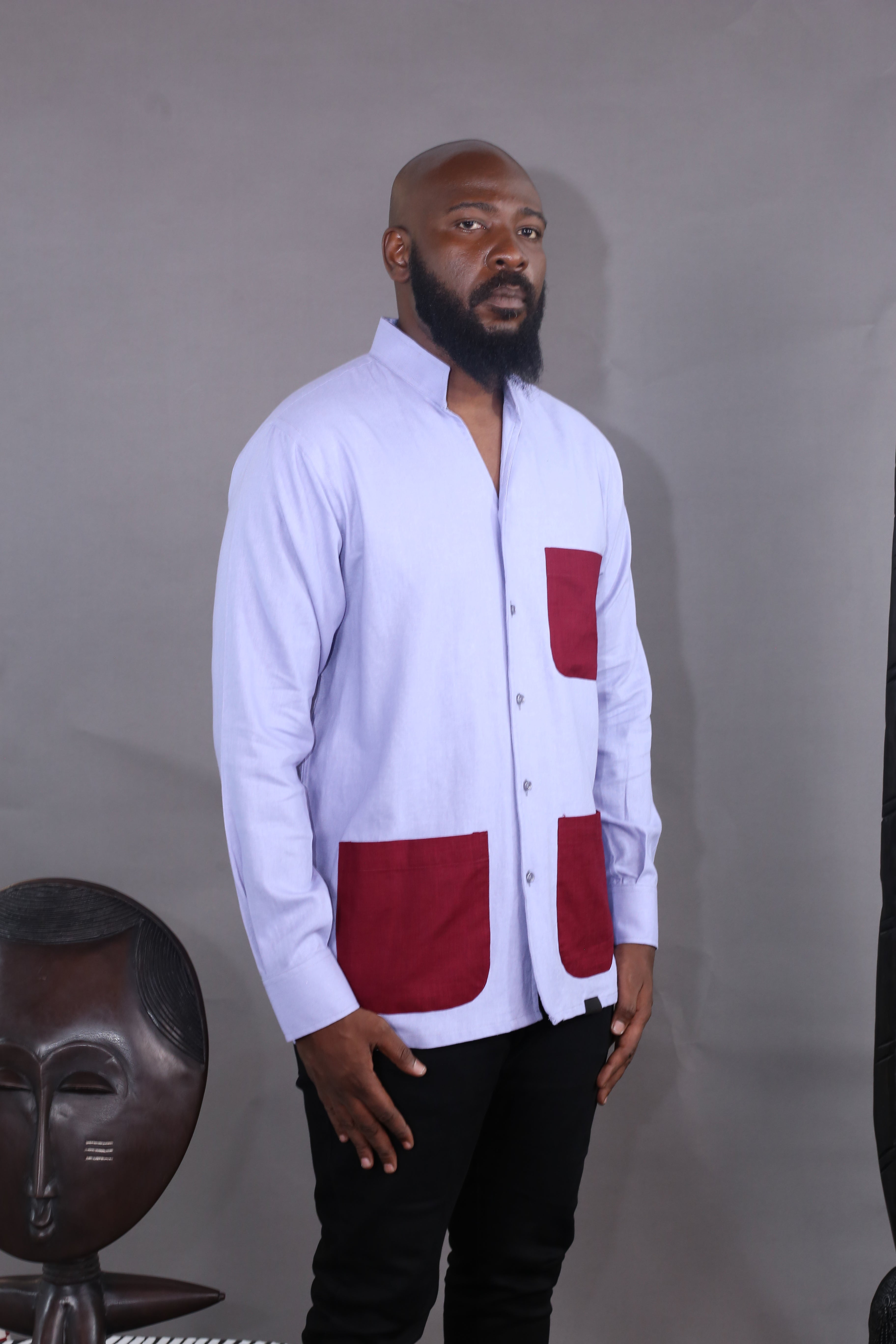 Kintu II Shirt - Sky Blue &amp; Burgundy Linen