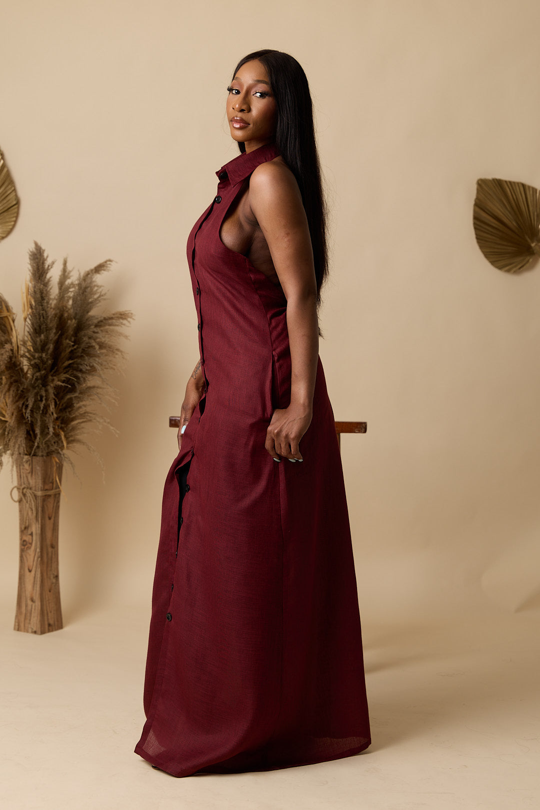 Robe Chemise SELY_Lin Rouge bordeaux