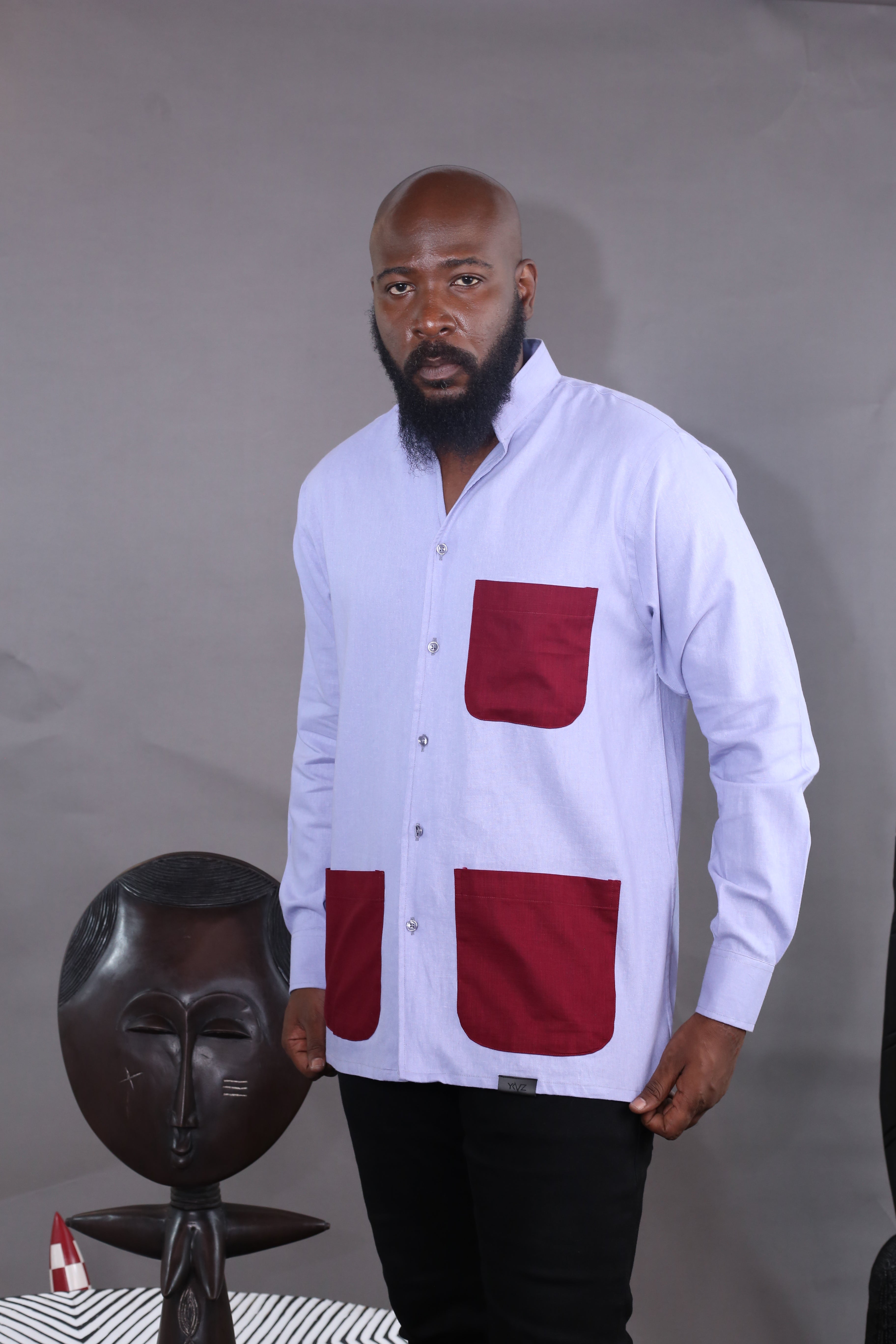Chemise Kintu II - Lin Bleu ciel & Rouge bordeaux