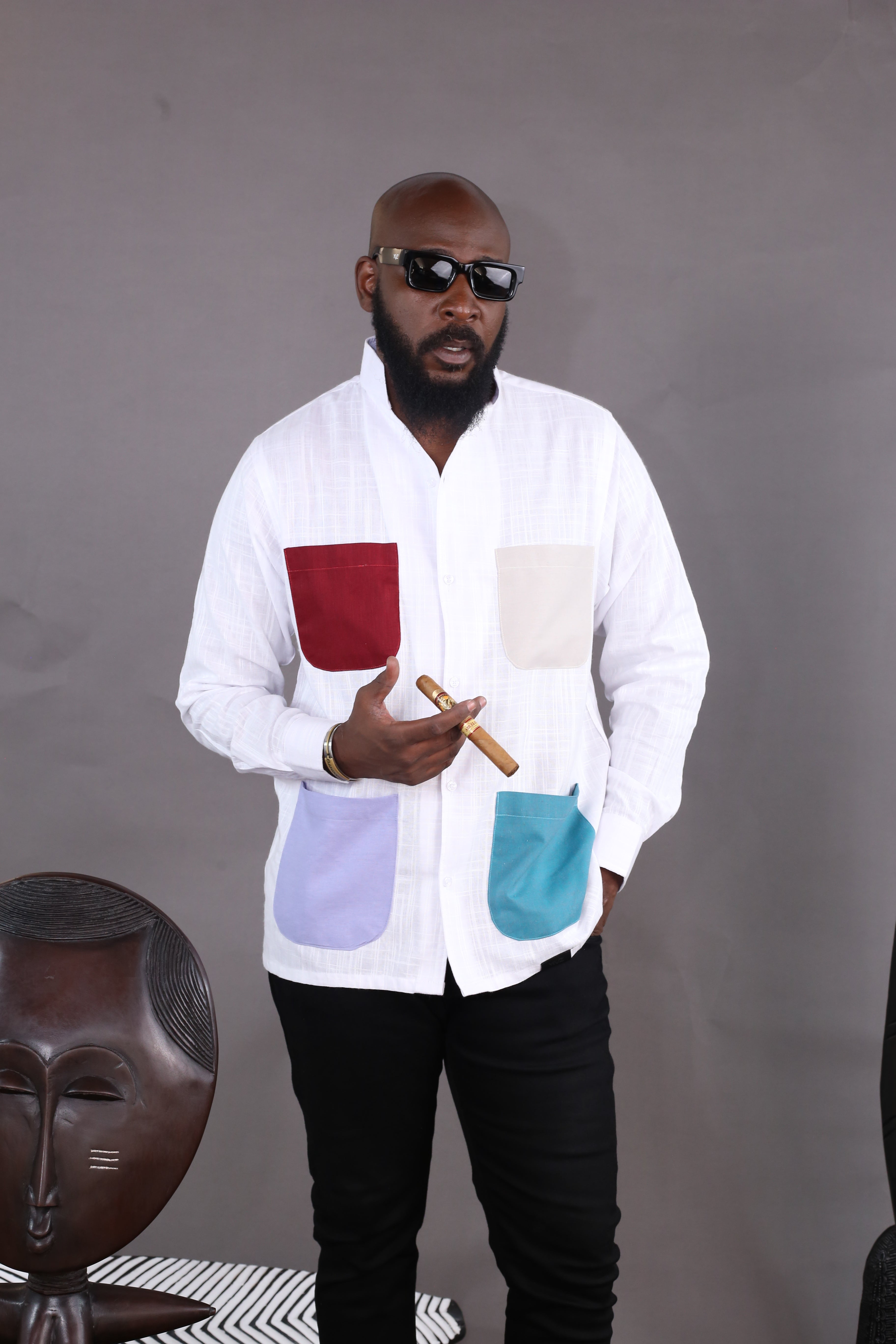 Chemise Kintu II - Lin Bleu ciel & Multicolore
