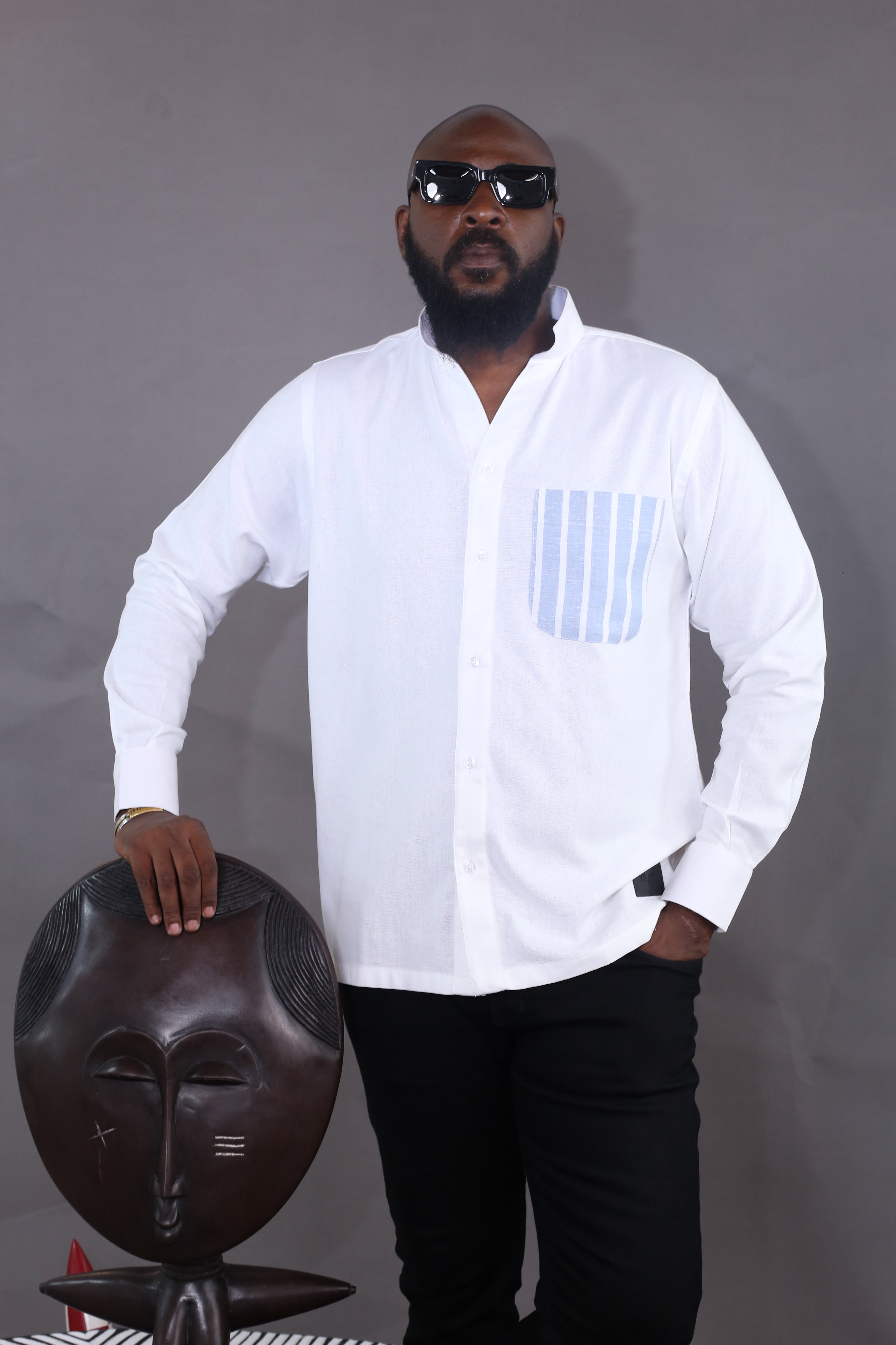 Chemise Kintu - Lin Blanc poche rayée bleu/blanc