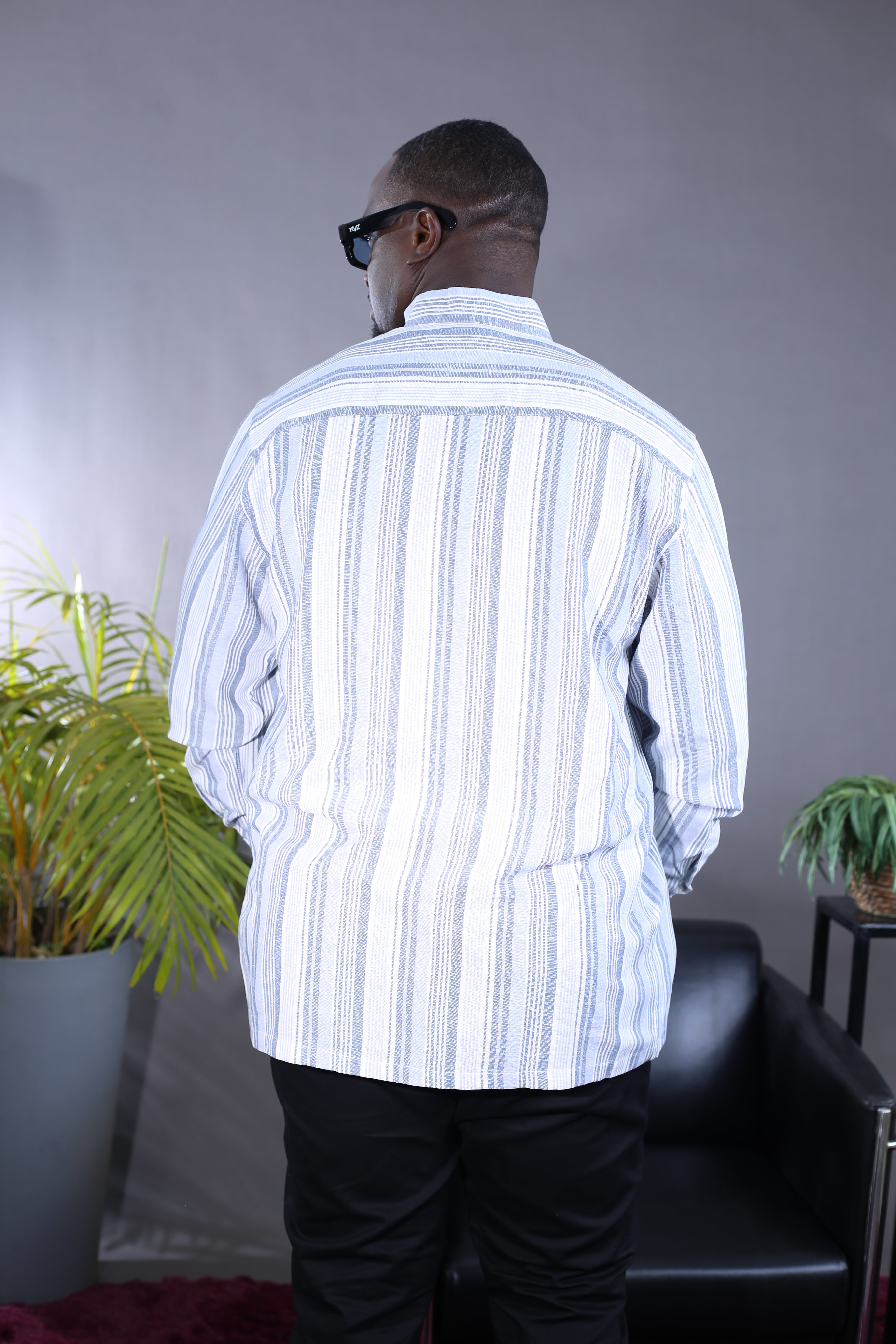 Kintu Linen blue-grey striped shirt