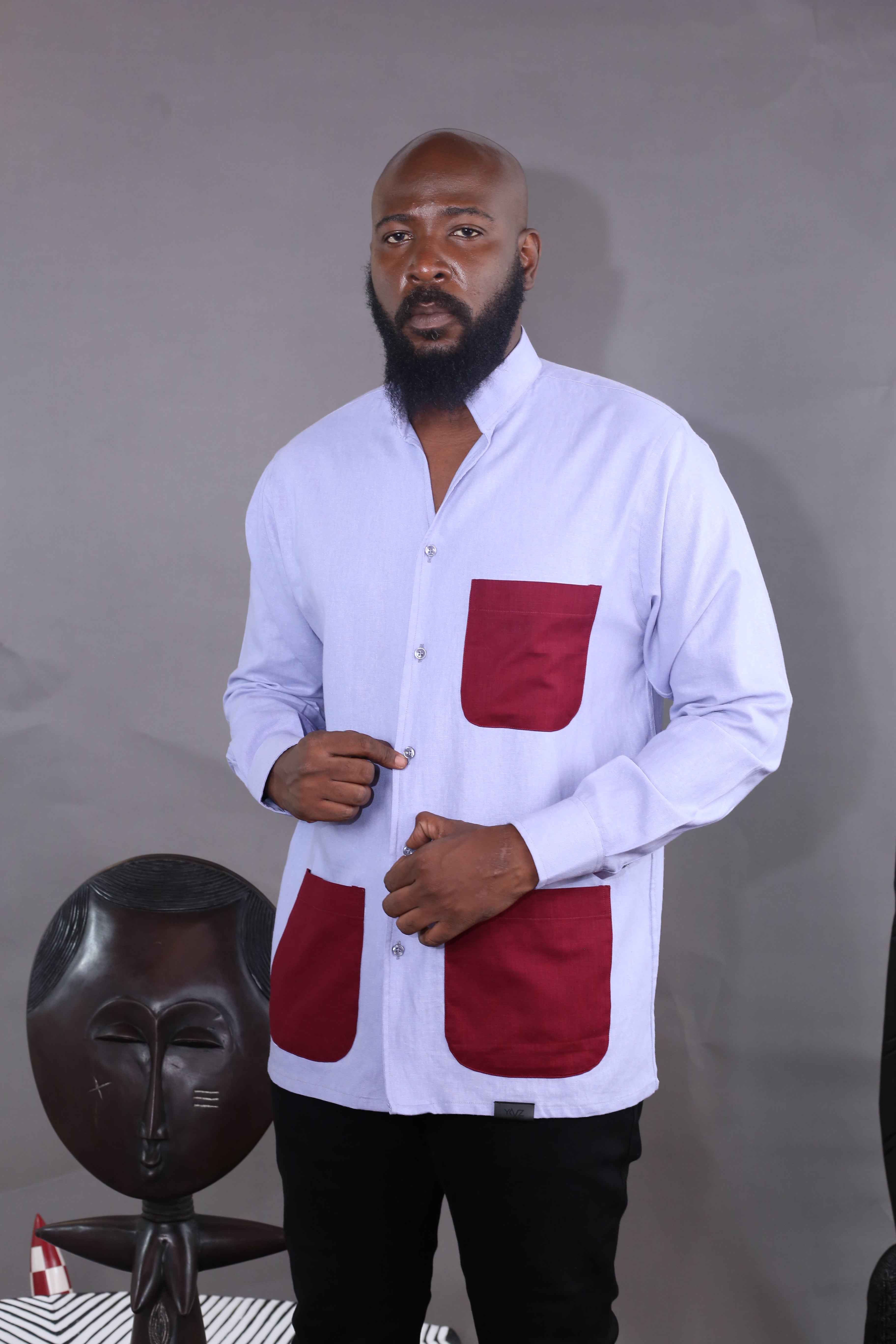 Kintu II Shirt - Sky Blue &amp; Burgundy Linen