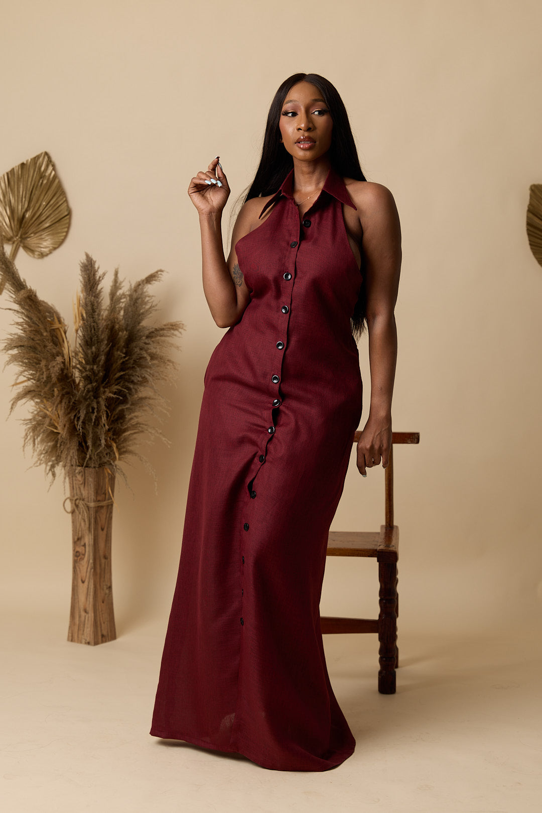 Robe Chemise SELY_Lin Rouge bordeaux
