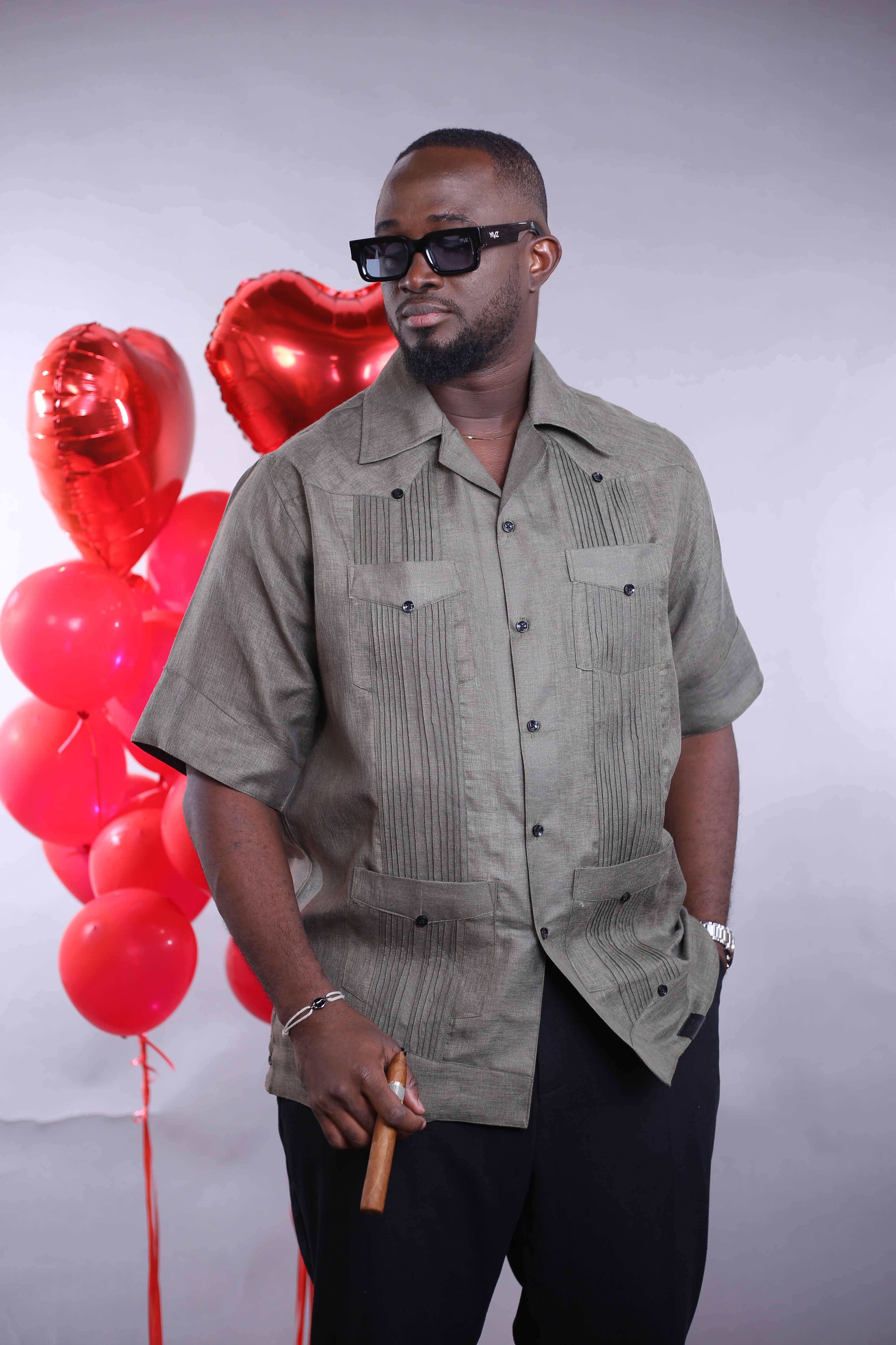 Chemise Cubano MC ll lin vert treillis